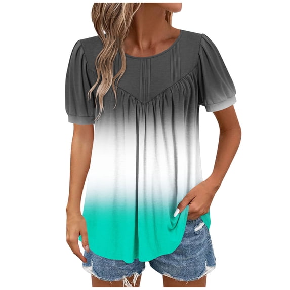 Womens Pleated Tunic Tops with Leggings, Short Sleeve Shirts for Women Summer Fashion Color Patchwork Flowy Crewneck Dressy Blouses