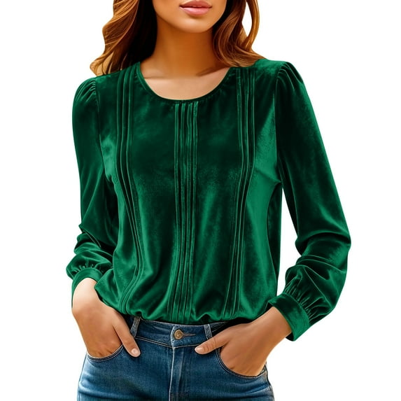 Womens Pleated Velvet Tops Crew Neck Long Sleeve Trendy Dressy Shirt Casual Loose Velour Shirts for Christmas Holiday Blouse