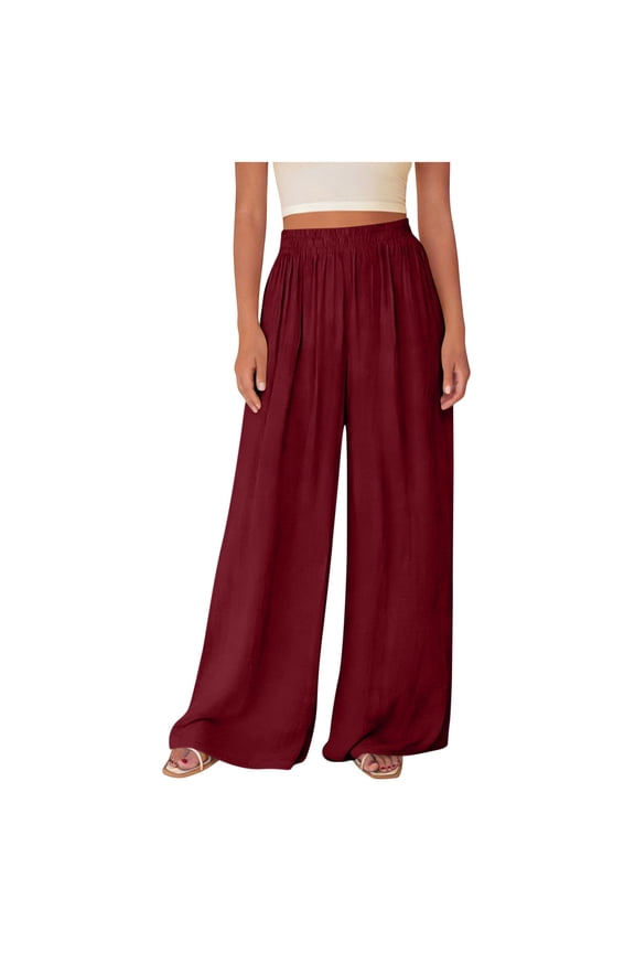 Womens Pleated Wide Leg Pants High Waist Baggy Trousers Summer Casual Loose Beach Pants with Pockets