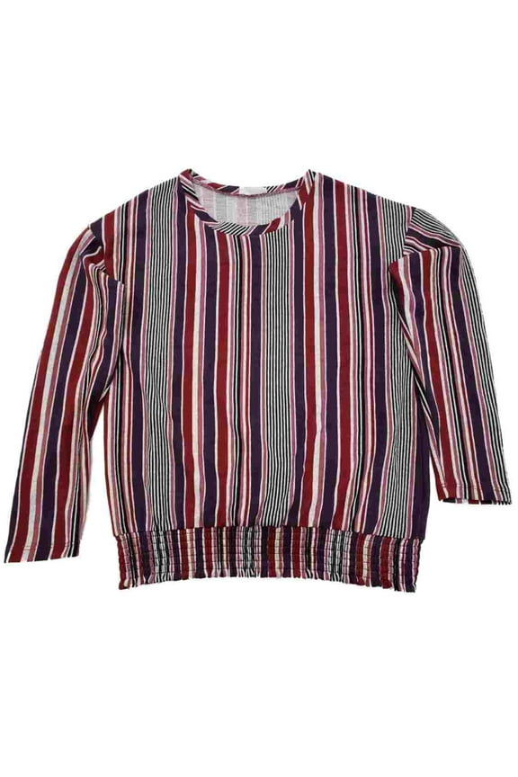 Womens Plum Purple Burgundy Striped Elastic Hem Long Sleeve Shirt T-Shirt Top S