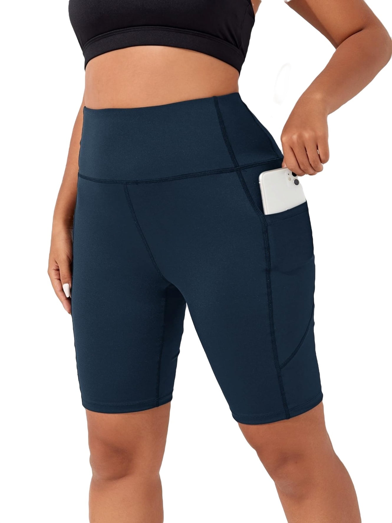 Womens Plus Biker Shorts High Waist Pocket Shorts Navy Blue 0XL