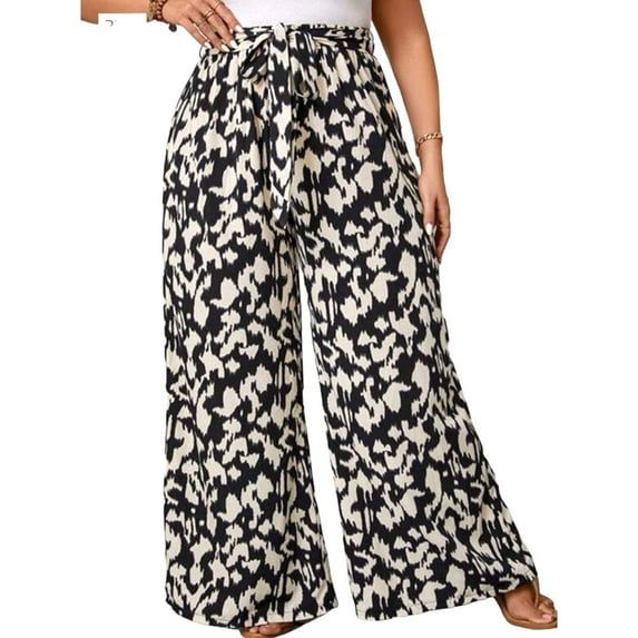 Womens Plus Black and White Wide Leg Belt Pant
