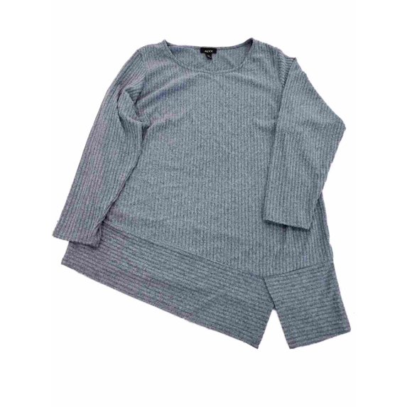 Womens Plus Blue Grey Ribbed Split Hem Asymmetrical Sweater 2X