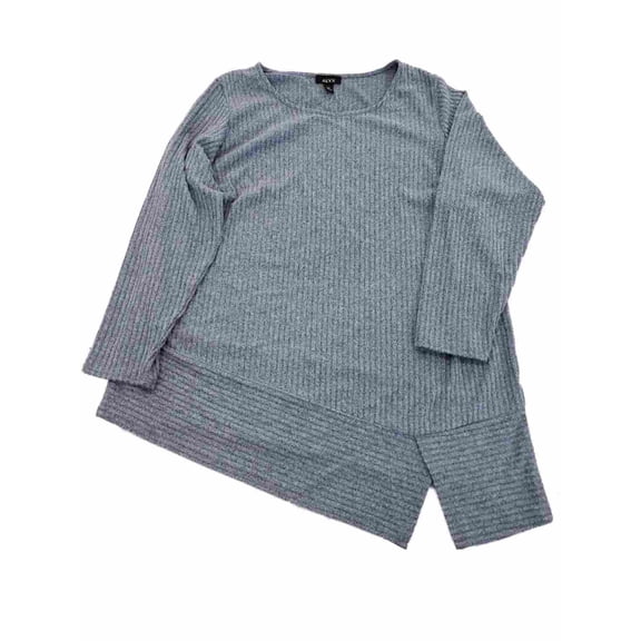 Womens Plus Blue Grey Ribbed Split Hem Asymmetrical Sweater 2X