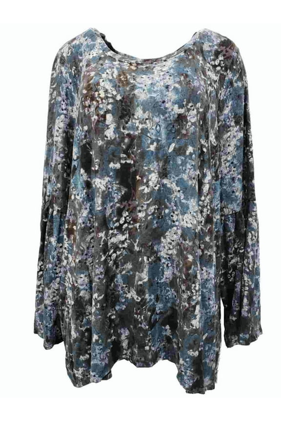 Womens Plus Blue Mixed Floral Bell Sleeve Lightweight Dressy Sweater Shirt 3X