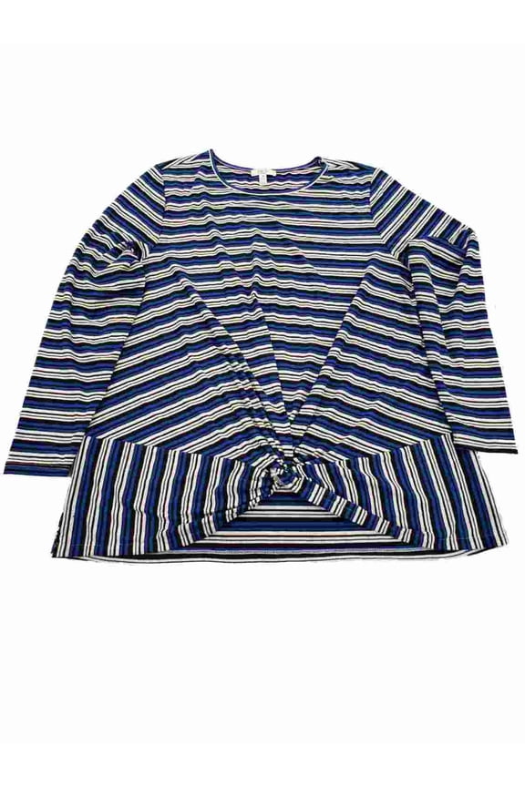 Womens Plus Blue White Black Stripe Knotted Hem Long Sleeve Shirt T-Shirt Top 1X