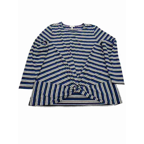 Womens Plus Blue White Black Stripe Knotted Hem Long Sleeve Shirt T-Shirt Top 2X