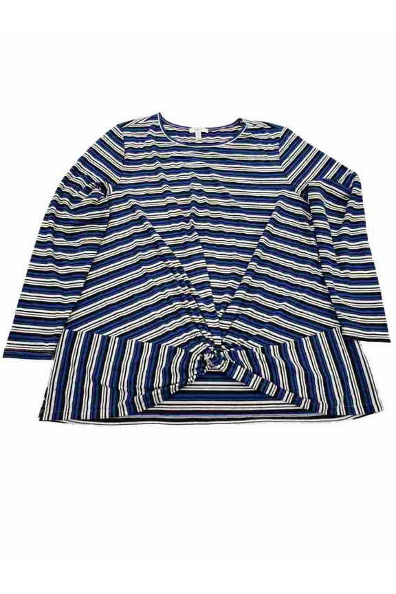 Womens Plus Blue White Black Stripe Knotted Hem Long Sleeve Shirt T-Shirt Top 3X