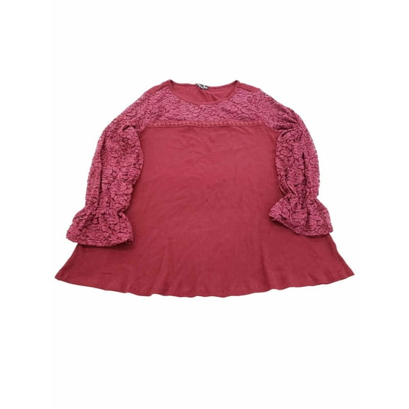 Womens Plus Burgundy Cotton and Lace Long Sleeve Henley Shirt Top 3X