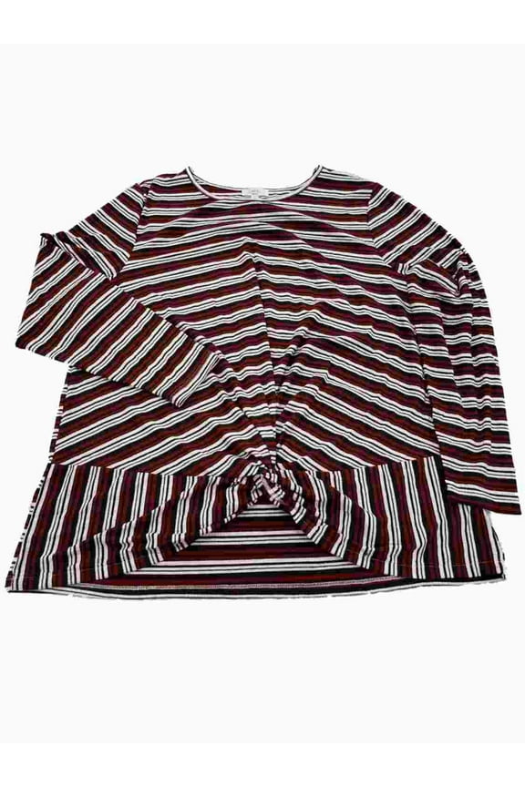 Womens Plus Burgundy White Black Stripe Knotted Hem Long Sleeve Shirt T-Shirt 1X
