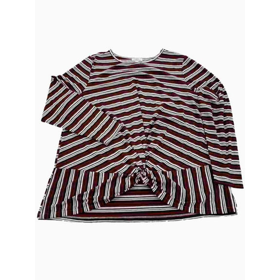 Womens Plus Burgundy White Black Stripe Knotted Hem Long Sleeve Shirt T-Shirt 3X