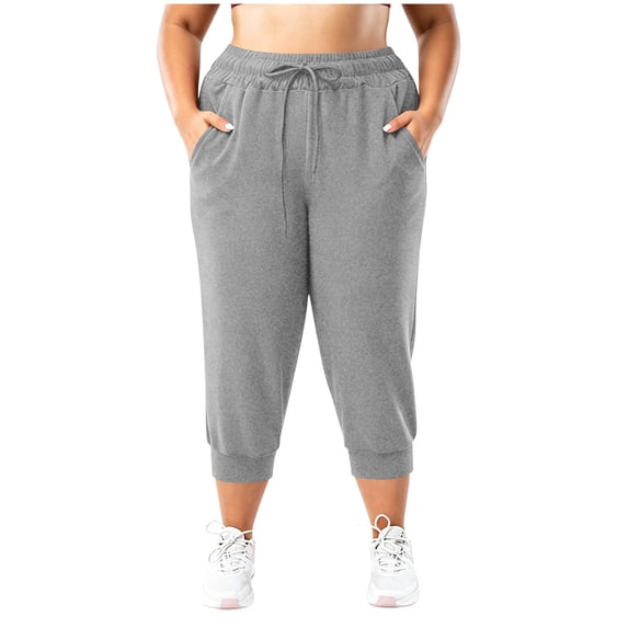 Womens Plus Capri Joggers High Waisted Workout Pants Casual Summer Lounge Cropped Athletic Sweatpants with Pockets for Running Yoga,Gray,4XL