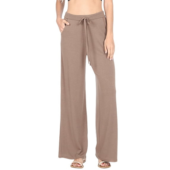 Womens & Plus Comfy Stretch Solid Drawstring Wide Leg Palazzo Lounge Pants (Mocha, 2X)