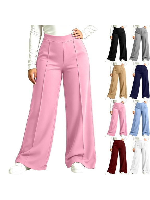 Womens Plus Curvy Wide Leg Work Pants Pintuck Dressy High Waisted Pull On Trousers Bootcut Stretch Fall Flowy Office Business Casual Wear to Work, Pink, 4XL