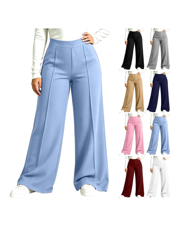 Womens Plus Curvy Wide Leg Work Pants Pintuck Dressy High Waisted Pull On Trousers Bootcut Stretch Fall Flowy Office Business Casual Wear to Work, Sky Blue, 5XL