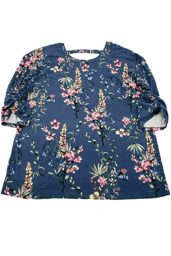 Womens Plus Denim Blue Floral Soft Ruched Sleeve T-Shirt Tee Shirt Top 1X