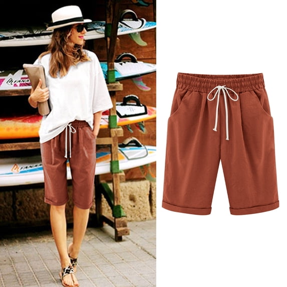 Womens Plus Elastic Waist Shorts Summer Solid Cotton Linen Casual Shorts with Pockets