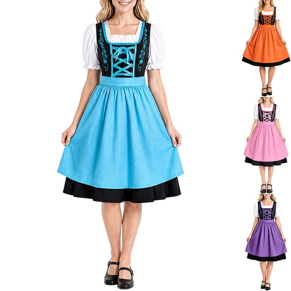 Womens Plus German Dirndl Dress Bavarian Oktoberfest Costume Embroidered Lace Up Corset Square Neck Puff Sleeve A Line Swing Dresses Tiered Hem, Blue, 5XL