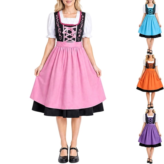 Womens Plus German Dirndl Dress Bavarian Oktoberfest Costume Embroidered Lace Up Corset Square Neck Puff Sleeve A Line Swing Dresses Tiered Hem, Pink, 5XL