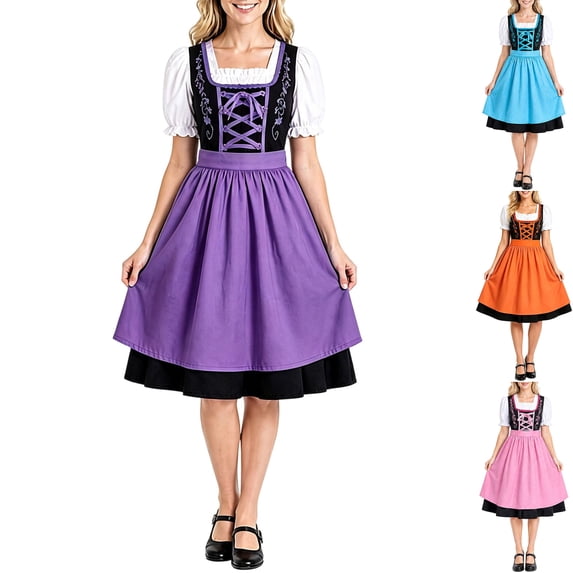 Womens Plus German Dirndl Dress Bavarian Oktoberfest Costume Embroidered Lace Up Corset Square Neck Puff Sleeve A Line Swing Dresses Tiered Hem, Purple, 5XL