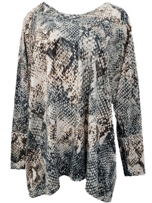 Womens Plus Green Beige Brown Print Long Sleeve Soft V Neck Tee Shirt Top 2X
