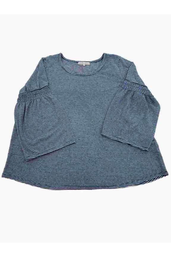 Womens Plus Grey & Blue Striped Long Wide Ruched Sleeve Shirt Top Sweater