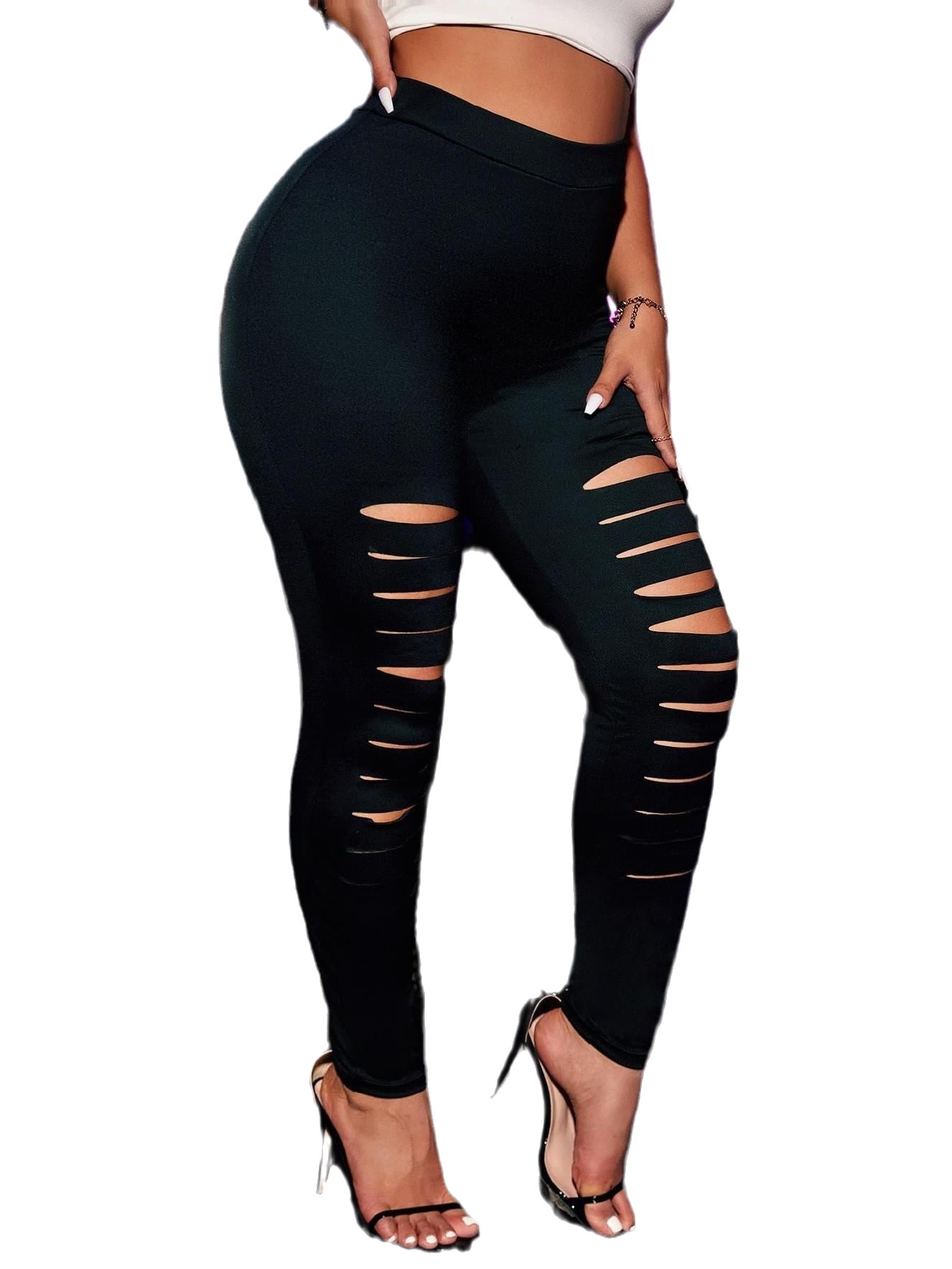 Womens black distressed leggings cheap
