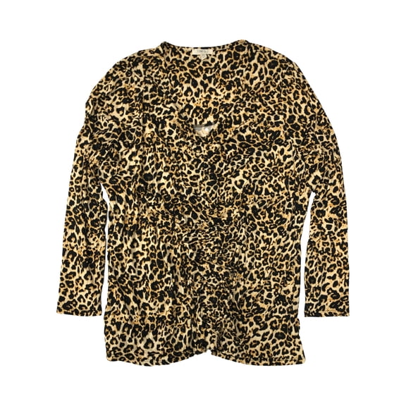 Womens Plus Leopard Print Ruched Front Long Sleeve Shirt T-Shirt Top Blouse 3X
