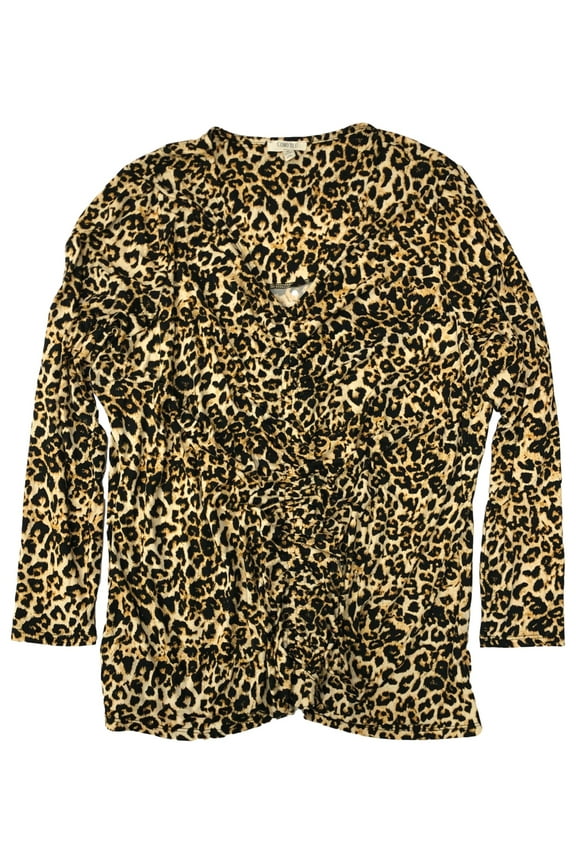Womens Plus Leopard Print Ruched Front Long Sleeve Shirt T-Shirt Top Blouse 3X