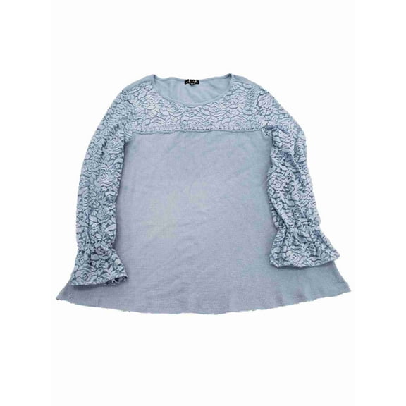 Womens Plus Light Blue Cotton and Lace Long Sleeve Henley Shirt Top 1X