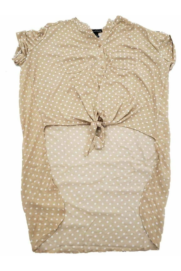 Womens Plus Light Brown Polka Dots Tie Front Dressy Long Shirt Top Blouse