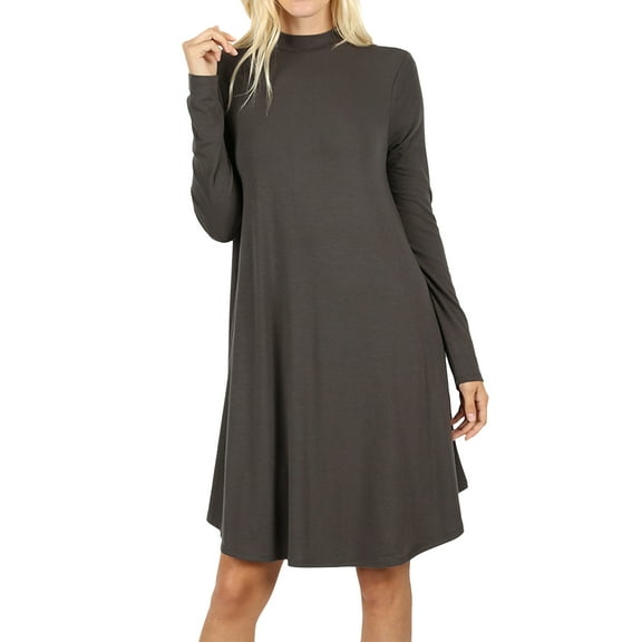 Womens & Plus Mock Neck Long Sleeve Flared A-Line Tunic Midi Dress with Pockets