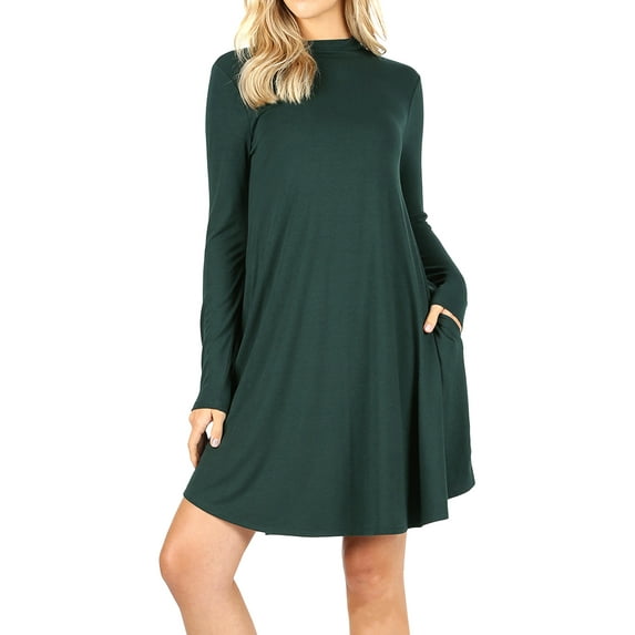 Womens & Plus Mock Neck Long Sleeve Flared A-Line Tunic Midi Dress with Pockets
