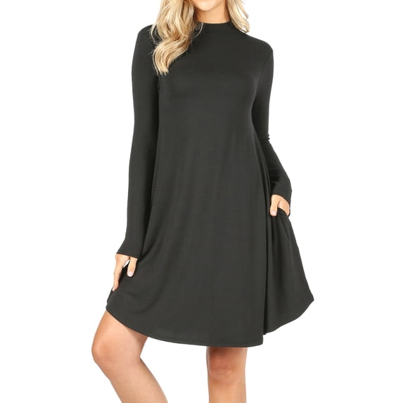Womens & Plus Mock Neck Long Sleeve Flared A-Line Tunic Midi Dress with Pockets