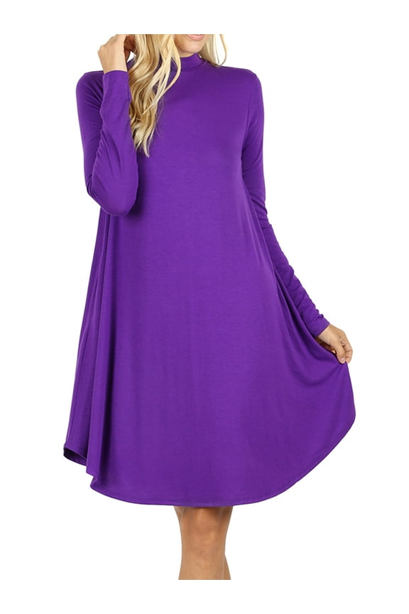 Womens & Plus Mock Neck Long Sleeve Flared A-Line Tunic Midi Dress with Pockets