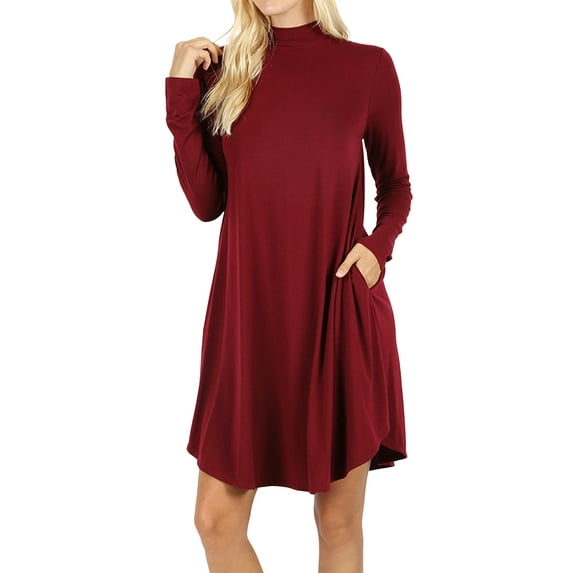Womens & Plus Mock Neck Long Sleeve Flared A-Line Tunic Midi Dress with Pockets