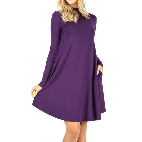 Womens & Plus Mock Neck Long Sleeve Flared A-Line Tunic Midi Dress with Pockets
