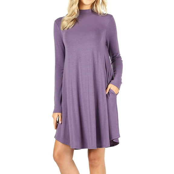 Womens & Plus Mock Neck Long Sleeve Flared A-Line Tunic Midi Dress with Pockets