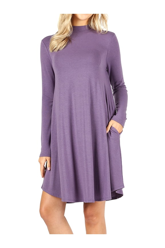 Womens & Plus Mock Neck Long Sleeve Flared A-Line Tunic Midi Dress with Pockets