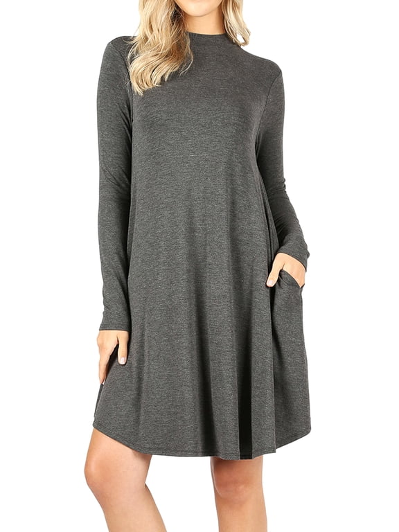 Womens & Plus Mock Neck Long Sleeve Flared A-Line Tunic Midi Dress with Pockets