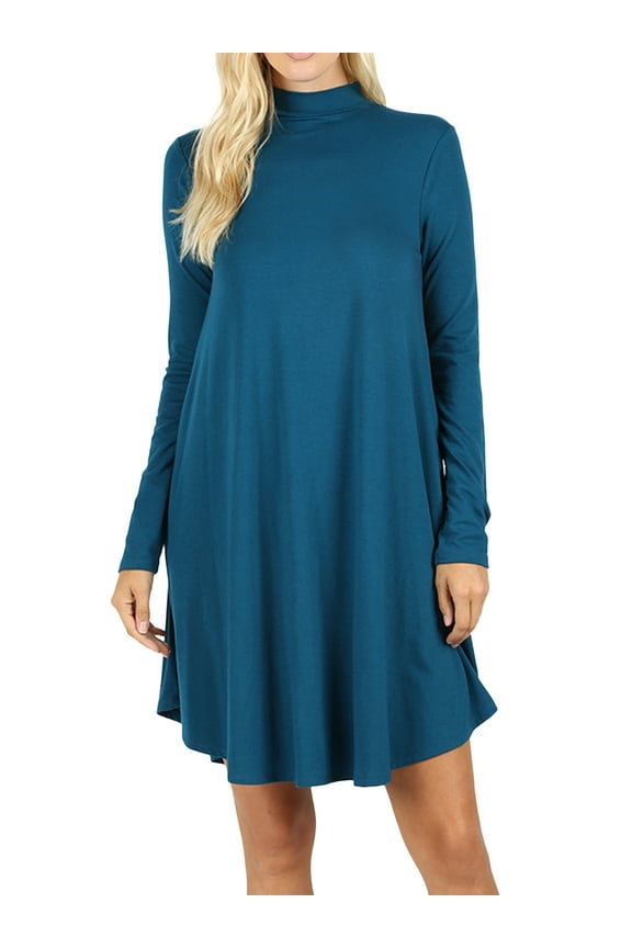 Womens & Plus Mock Neck Long Sleeve Flared A-Line Tunic Midi Dress with Pockets
