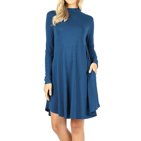 Womens & Plus Mock Neck Long Sleeve Flared A-Line Tunic Midi Dress with Pockets