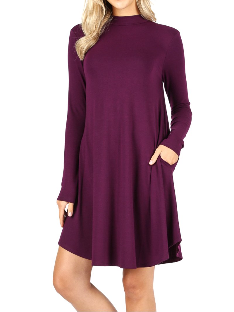 Womens & Plus Mock Neck Long Sleeve Flared A-Line Tunic Midi Dress with  Pockets - Walmart.com
