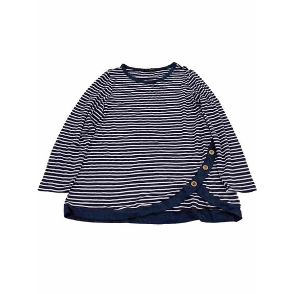 Womens Plus Navy Blue White Stripe Asymmetrical Button Hem Shirt Top Sweater 3X