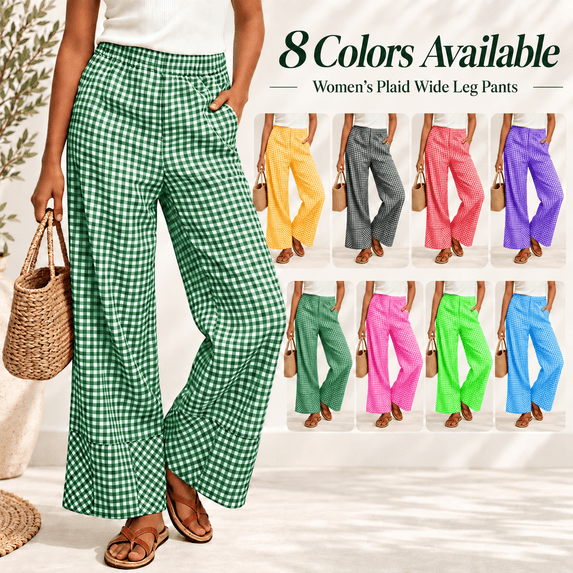 Womens Plus Plaid Pants New Plaid Long Pants for Women Flowy Wide Leg Trousers with Pockets Elastic Waist Fashion Casual Versatile Daily Bottoms