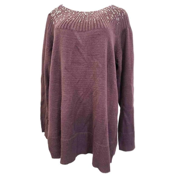 Womens Plus Plum Purple Sparkle Bejeweled Collar Long Sleeve Winter Sweater 3X