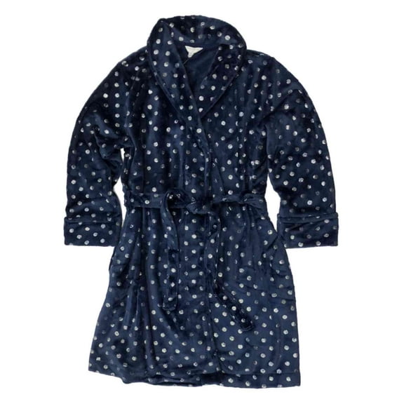 Womens Plus Plush Navy Blue & Silver Polka Dot Bathrobe House Coat Bath Robe 1X
