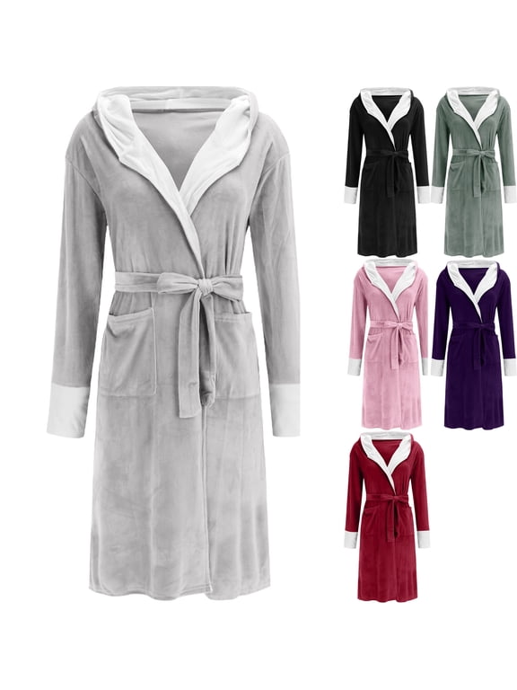Womens Plus Robes Long Bathrobe Fleece Color Block Hooded House Coat Fall Winter Cozy Warm Soft Ladies Sleepwear Loungewear with Pockets, Gray, 5XL