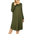 thumbnail image 1 of Womens & Plus Round Neck Long Sleeve Knee Length A-Line Swing Trapeze Dress (DK Olive, M), 1 of 4