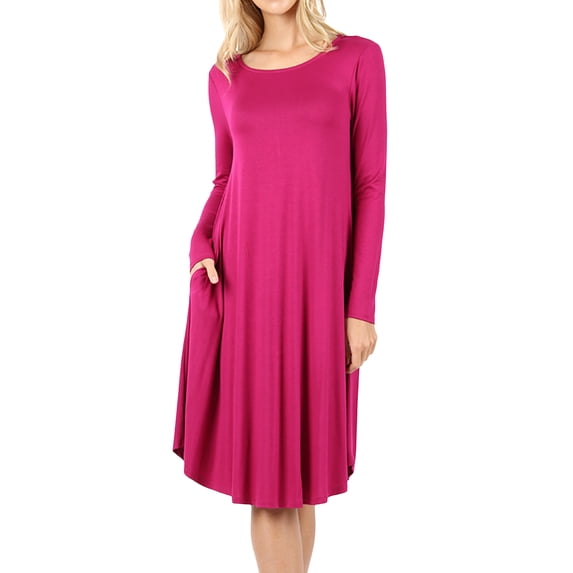 Womens & Plus Round Neck Long Sleeve Knee Length A-Line Swing Trapeze Dress (Magenta, M)